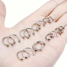16pcs Stainless Steel C-Shape Nose Stud With Ball, Pointed Nose Hoop, European & American Style Nose, Eyebrow, Ear Cartilage, Lip Piercing Jewelry Set, Minimalist Design - Nose Ring - View 8