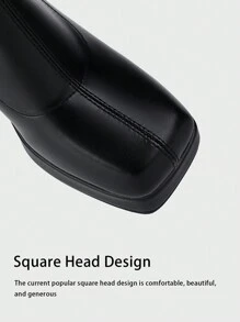 Botas altas de plataforma cómoda y resistente al agua con puntera cuadrada, tacón grueso, color negro sólido para mujer. Botas de media pantorrilla, de estilo sexy, de fácil deslizamiento - Negro - Ver 10