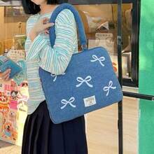 1pc New 13.7 Inch Washed Denim Laptop Bag With Bow Embroidery - Blue - View 7