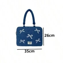 1pc New 13.7 Inch Washed Denim Laptop Bag With Bow Embroidery - Blue - View 5