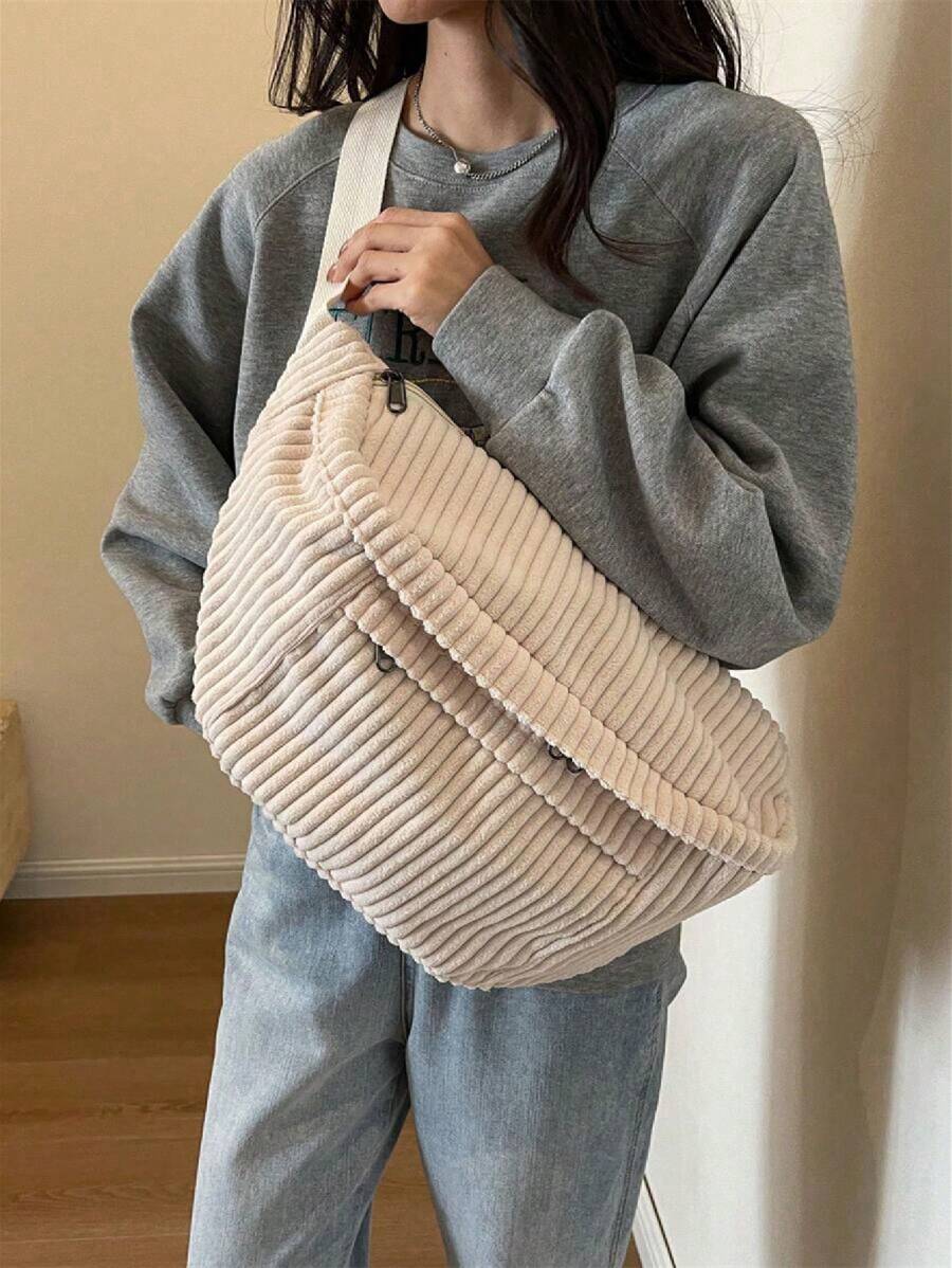 Simple Corduroy Chest Bag, Large Capacity Crossbody Bag, Retro Solid Color Waist Bag For Outdoor Sport