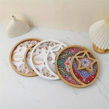 1pc Rustic Wooden Crescent And Star Eid Dessert Tray - Perfect For Party Tableware And Decoration