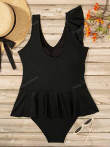 Traje de baño de una pieza de un solo color a la última moda para mujeres, estilo ajustado y sexy con volantes asimétricos, diseño con control de abdomen, escote en V para vacaciones en la playa o la piscina en verano