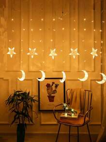1 件 4x0.8M 115 LED 空心星星月亮窗帘灯，温暖的亚克力装饰灯串适合室内节日气氛 - 暖光 - 查看 5