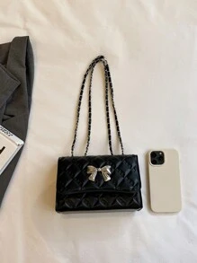 Mini Fashionable Bow Decor Quilted Diagonal Shoulder Bag, Elegant Minimalist Small Chain Shoulder Bag, Fashionable Bow Purse For Women, Street & Japanese Bag For Women