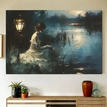 Vintage French Country Canvas Art Print- Beautiful Woman In Rustic Forest & River Scene, Wooden Framed Wall Decor For Living Room, Bedroom, Home Office