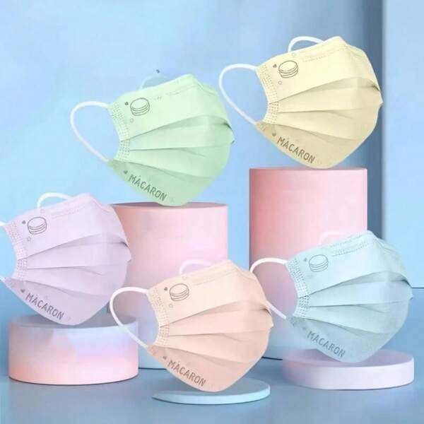 [60/30/10 peças] Máscara facial descartável de 3 camadas para adultos, cores de macaron, moda, elástica, à prova de vento, proteção UV, confortável, respirável, uso casual, não lavável, tecido jacquard, adequado para uso externo