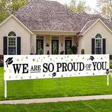1pc Large Graduation Congratulations Banner 2025 Proud Of You, Graduation Party Supplies Decorations, Grad Celebration Banner, Black White Gold Indoor Outdoor - White - View 1