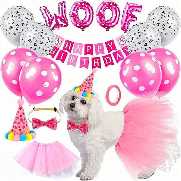 16pcs/Set Pet Birthday Party Supplies, Includes Pet Birthday Banner, Paw Print Balloons, Bibs, Bow Ties, Tutus, Happy Birthday Banner, Suitable For Cats And Dogs
