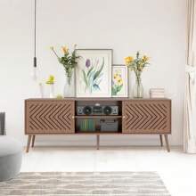 TV Stand With Shelf And Cabinet Storage 2 Sliding Doors For 60 70 Inch TV Walnut