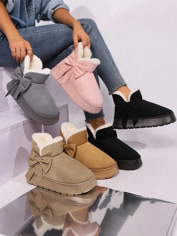 Women's Fashionable Snow Boots, Elegant Style, Warm For Indoor And Outdoor Use, Fluffy Winter Ankle Boots With Cute Bow, Soft And Insulated, Thick Bottom