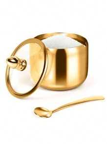 1pc, 250ml Stainless Steel Sugar Bowl With Glass Lid And Spoon - Rust Resistant Jar For Coffee Bar Storage, Kitchen Organizer For Salt, Candy, Coffee Beans 3-Slot 4-Slot With Stand Turntable