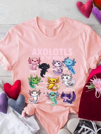 Camiseta casual de cuello redondo con estampado de dragón de burbuja linda para niñas jóvenes, de verano