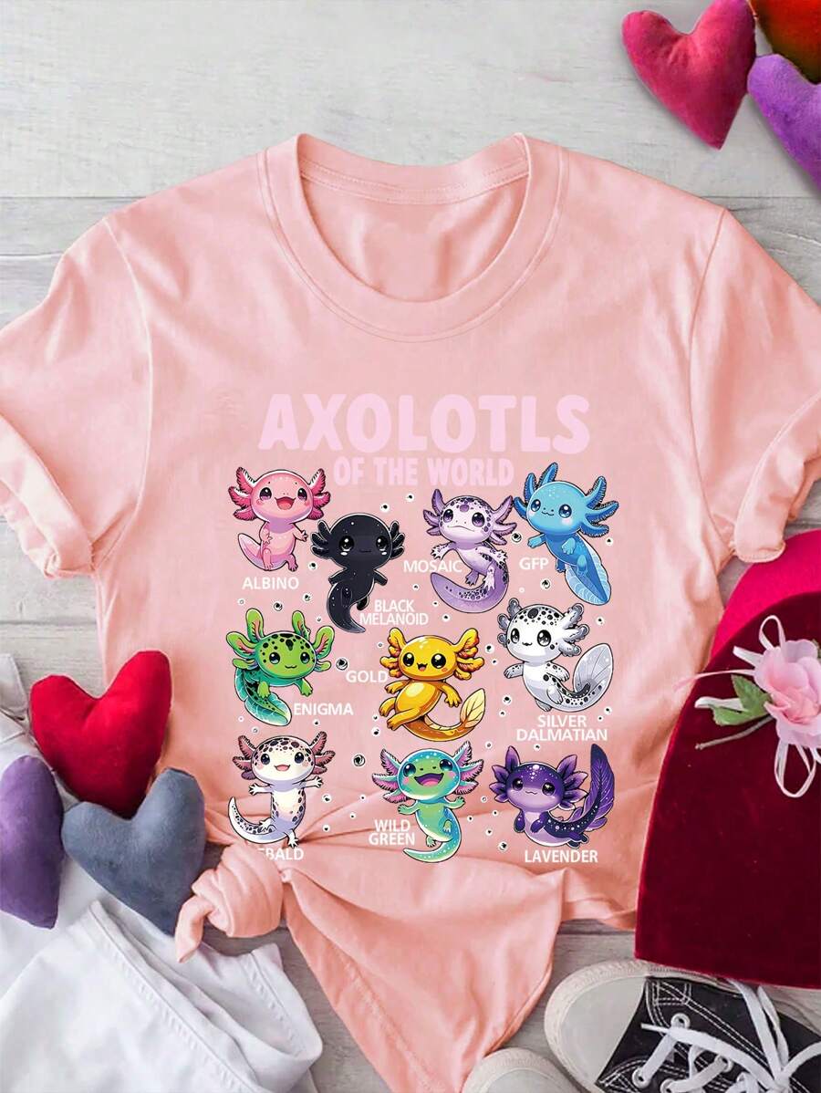 Young Girls' Cute Bubble Dragon Print Crew Neck Casual T-Shirt, Summer - 粉色 - 查看 1