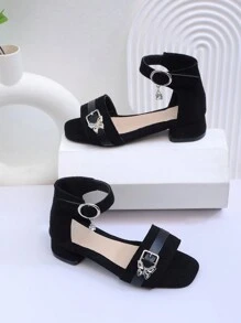 Summer New High Heel Children Sandals, Fashion Versatile Flower Decor Anti-Slip Soft Bottom Girls Mid-Heel Sandals, Open Toe, Suitable For Daily Wear, Performance, Party - Black - View 2