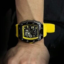 EA 1pc Men's Black Rubber Strap Racing-Themed Hollow Design Stylish Timepiece With Barrel-Shaped Gift Box Packaging, Cool Personalized Fashion Holiday Gift For Him, Christmas Gifts