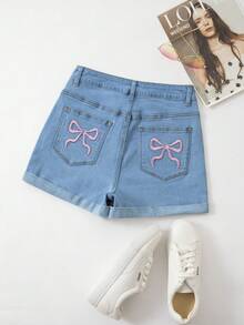Quần short denim nữ dáng ôm, cạp chun, thêu nơ ở gấu quần, kiểu dáng thường ngày mùa hè. - Màu xanh lam - Xem 3