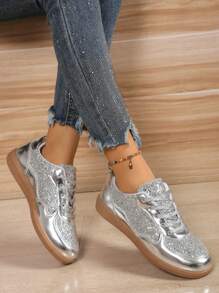 Women's Fashion Solid Silver Color Flat Sneakers, Casual Lace-Up Outdoor Comfortable Low-Top Sports Shoes - Silver - View 4