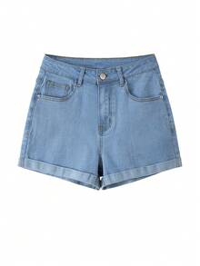 Quần short denim nữ dáng ôm, cạp chun, thêu nơ ở gấu quần, kiểu dáng thường ngày mùa hè. - Màu xanh lam - Xem 4