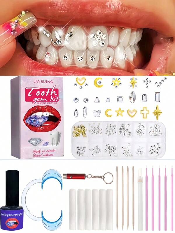Kit de gemas dentales: Set de joyas dentales DIY, pegatinas de dientes con brillantina súper brillante, joyería dental extraíble, diamantes dentales de embellecimiento, mariposa, blanqueamiento, diamantes, accesorios glam DIY, unisex, adecuado para bares, karaoke y fiestas