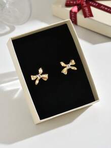 2 件锆石耳环，蝴蝶结装饰耳环礼盒，优雅耳环，适合日常佩戴、派对、约会、婚礼、新娘礼物、情侣礼物、送给妈妈的礼物、圣诞礼盒、情人节生日礼物 - 金色 - 查看 2