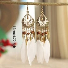 波西米亚风彩色羽毛耳环，女式串珠流苏吊坠耳环 - 白色 - 查看 8