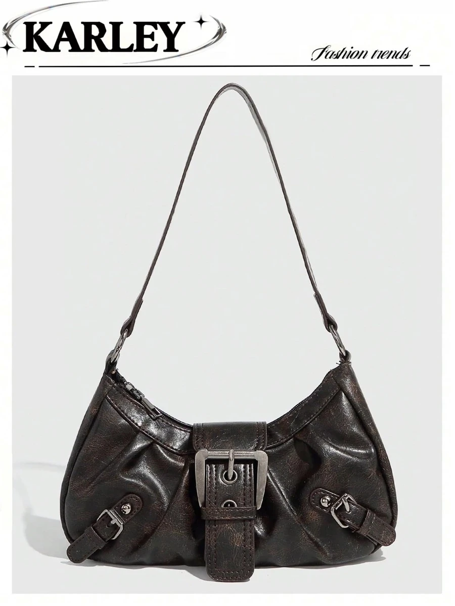 1 件复古做旧皮革摩托车包，饰有铆钉和搭扣，触感柔软，可折叠设计，云朵造型，适合肩背或斜挎，是工作、通勤、约会、派对、万圣节钱包的理想之选，完美契合万圣节派对时尚和哥特风格。 - 咖啡棕 - 查看 1