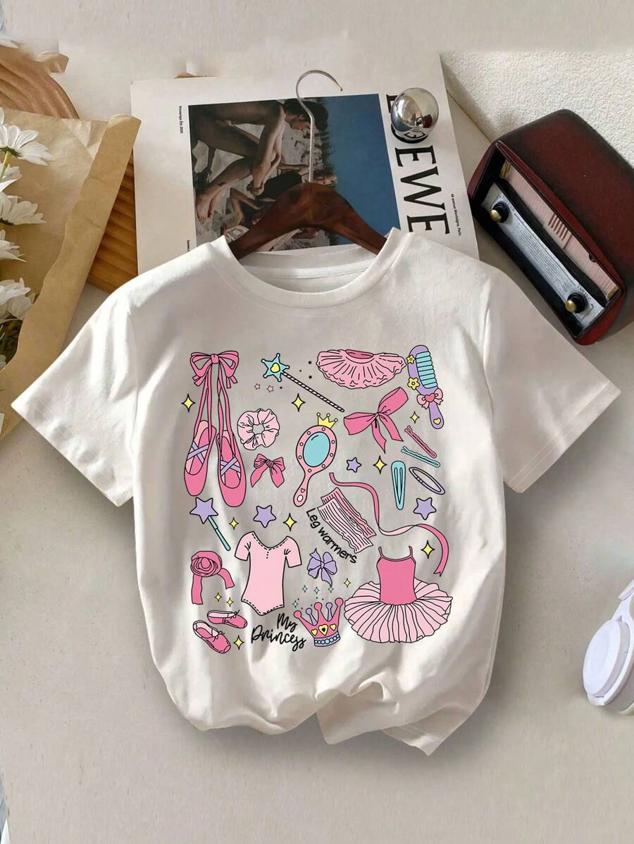 Young Girl's Cartoon Print Round Neck Short Sleeve Tee Spring And Summer Casual T Shirt For Young Girl
