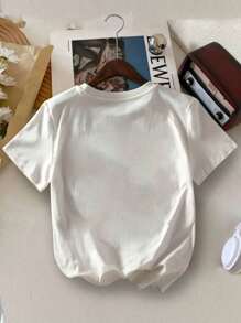 Young Girl's Cartoon Print Round Neck Short Sleeve Tee Spring And Summer Casual T Shirt For Young Girl