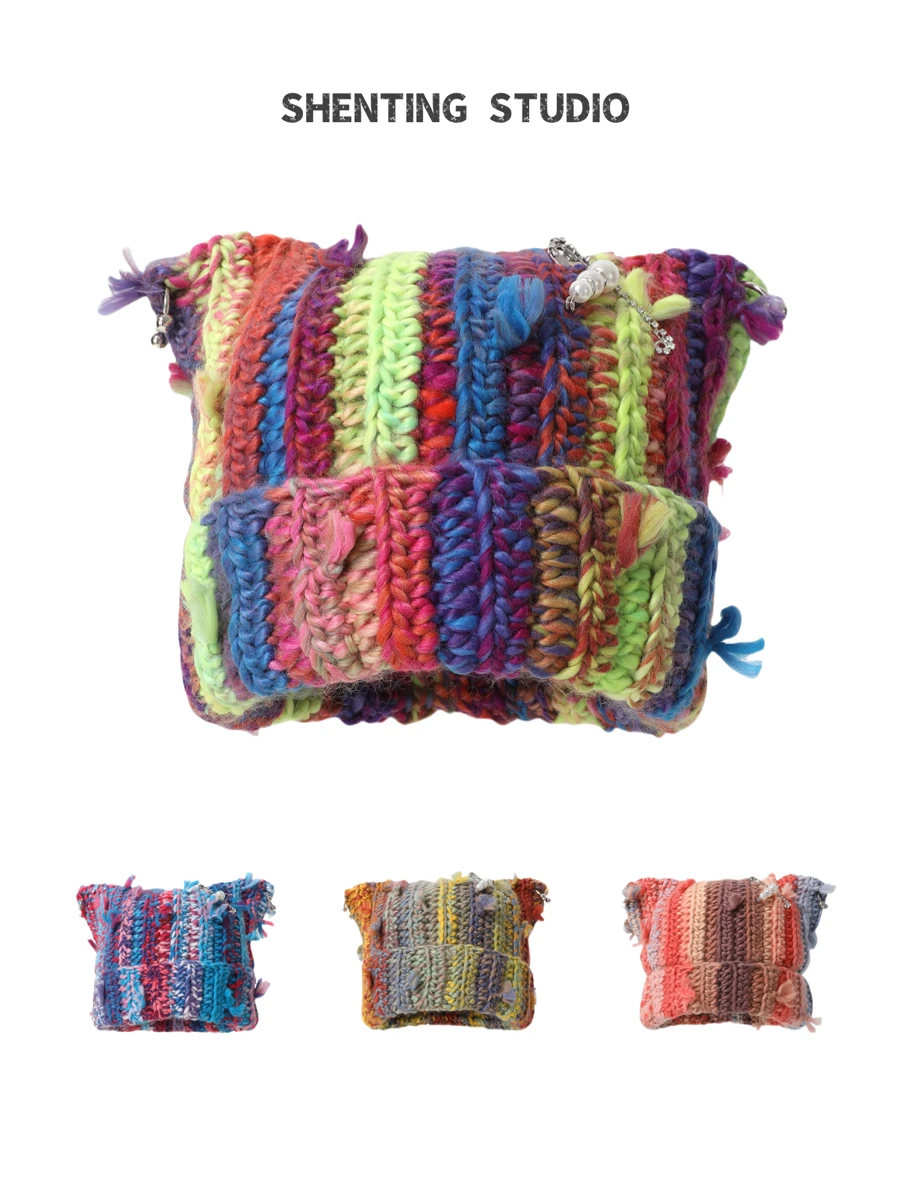 1 pieza Broche decorativo con perlas y rhinestones en forma de oreja de gato hecho a mano para mujer (desmontable), Gorro de punto con borlas de colores bloque, Nuevo gorro de invierno con orejeras de moda versátil