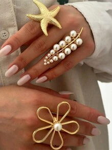 1 件夸张金属海星、花朵、叶子设计金戒指，适合女性日常佩戴情人节、妈妈、母亲、母亲节、礼物
