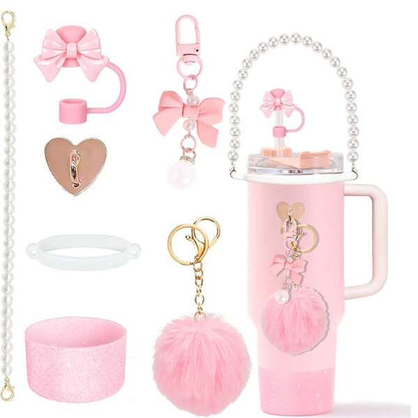 7Pcs Accessories Set For Cup 30oz 40oz, Including Silicone Bow Straw Cover And Bottle Boot Handle Strap Charms For Tumbler Decorations Water Bottle