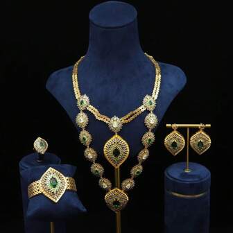 Ramadan Jewelry Set For Women - Gold-Tone Jewelry Set With Sapphire, Ruby, Emerald Gemstones; Exotic, Vintage, Luxurious Jewelry Set For Evening Gowns, Parties; Copper Plated With AAA Colored Cubic Zirconia, Green Jewelry Set; Bridal Wedding Jewelry Set With Long Necklace, Multi-Layer Necklace, Earrings, Open Rings, Open Bangle