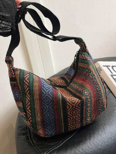 Large Capacity Dumpling Bag 2025 Women's Bag Retro Striped Canvas Shoulder Bag Foreign Style Crossbody Bag, Bohemia Style Bag For Women