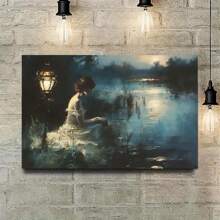 Vintage French Country Canvas Art Print- Beautiful Woman In Rustic Forest & River Scene, Wooden Framed Wall Decor For Living Room, Bedroom, Home Office
