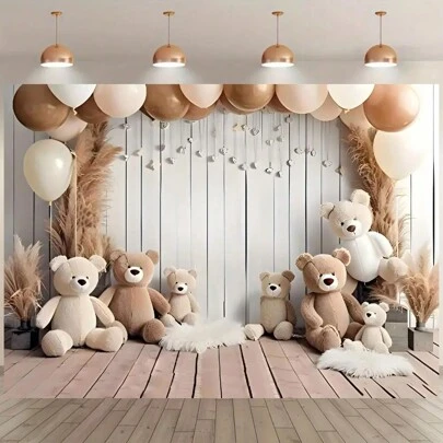 1 件泰迪熊气球派对背景横幅、熊、气球、礼物设计、生日和派对摄影背景、无需电源、派对蛋糕桌装饰、适合生日派对、一岁生日、婚礼、返校季、主题派对、聚会、庆祝活动、家庭室内外派对装饰