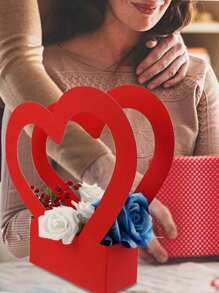 2Pcs Heart Shaped Flower Gift Boxes,Bouquet Bags With Handle Folding Basket For Valentine's Day Floral Arrangement Wedding Mother's Day Valentine Day