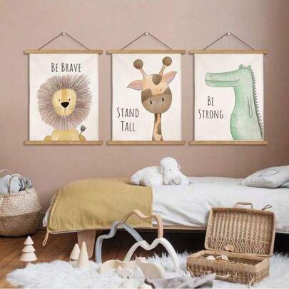 1 件婴儿房墙壁装饰卡通长颈鹿狮子儿童房墙壁挂饰励志海报带框带木衣架帆布墙壁艺术画适用于儿童房男宝宝女宝宝卧室、游戏室