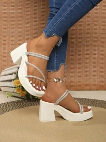 2025 新款夏季时尚休闲百搭女士粗跟防水台高跟凉鞋 - 米色 - 查看 4