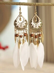 波西米亚风彩色羽毛耳环，女式串珠流苏吊坠耳环 - 白色 - 查看 11