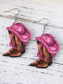 1 Pair Fashionable New Wooden Western Style Earrings With Pink Cowboy Hat & Boot Pendants, Suitable For Women's Daily Wear - Multicolor - View 6