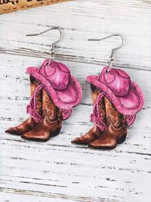 1 Pair Fashionable New Wooden Western Style Earrings With Pink Cowboy Hat & Boot Pendants, Suitable For Women's Daily Wear - Multicolor - View 7