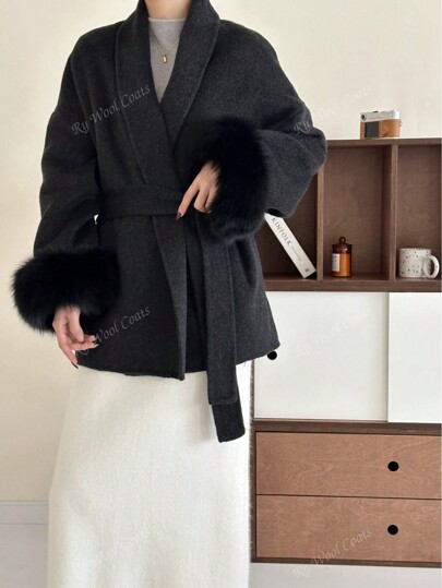 Women's Double-Faced Woolen Coat – Shawl Collar, Belted, Clasi