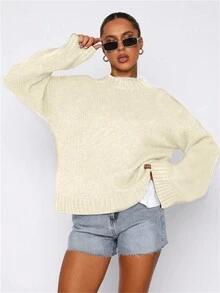 女士时尚长袖针织毛衣，柔软宽松版型，全新秋冬设计 - 杏色 - 查看 3