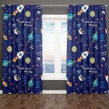 1 Set / 2 Stück Cartoon Weltraum Vorhänge, 100% Polyester halbtransparent - UV-Schutz Gardinen, mit Motiven von Galaxie, Rakete, Astronaut, Universum, Planet Fensterdekorationen, coole 3D-bedruckte Fenstervorhänge mit Themendesign