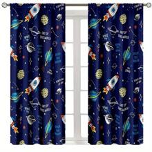 1 Set / 2 Stück Cartoon Weltraum Vorhänge, 100% Polyester halbtransparent - UV-Schutz Gardinen, mit Motiven von Galaxie, Rakete, Astronaut, Universum, Planet Fensterdekorationen, coole 3D-bedruckte Fenstervorhänge mit Themendesign