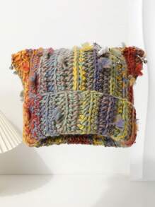 1 pieza Broche decorativo con perlas y rhinestones en forma de oreja de gato hecho a mano para mujer (desmontable), Gorro de punto con borlas de colores bloque, Nuevo gorro de invierno con orejeras de moda versátil