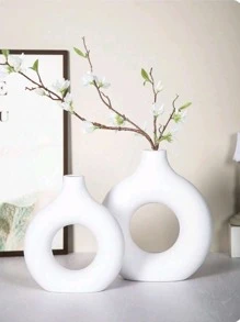 1pc White Plastic Circular Flower Vase Decoration, Simulated Dry Flower Decoration Vase, Artistic Vase For Floral Arrangements, Simple Living Room Exhibition Hall Decoration,Home Decor,Flower Vase,Centerpiece,Table Decor Gifts Birthday Graduation