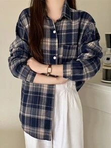 Brushed Plaid Shirt New Stylish Loose Slimming Retro Mid-Length Top Long Sleeve Jacket