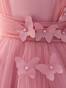 1pc Elegant Solid Color Mesh Patchwork Sleeveless Princess Dress With 3D Butterfly Decor, For Young Girl Formal Occasions, Birthday Party, Photography